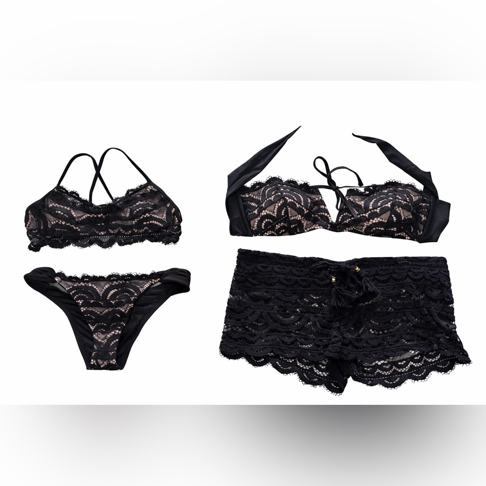 PQ Swim Black Lace Bralette, Bikini & Shorts Set